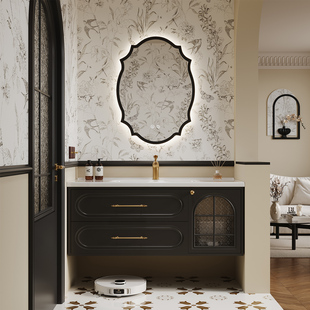 法式复古橡胶木烤漆浴室柜组合卫生间陶瓷一体盆洗脸洗手洗漱台