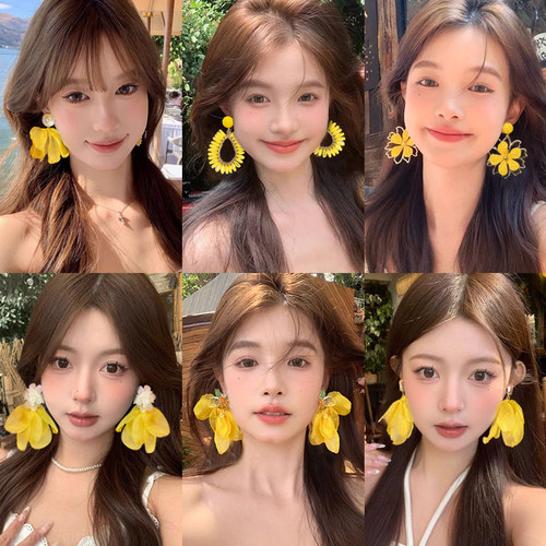 超仙黄色花朵耳环女2025新款高级
