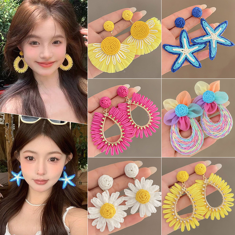 彩色编织花朵耳钉女2025新款度假风高级感耳环夏日多巴胺气质耳饰