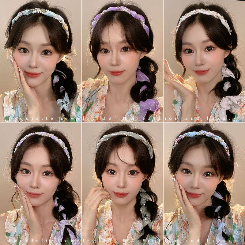 碎花丝巾发带珍珠飘带编发发箍女2024新款高级感绑发一体头箍头饰