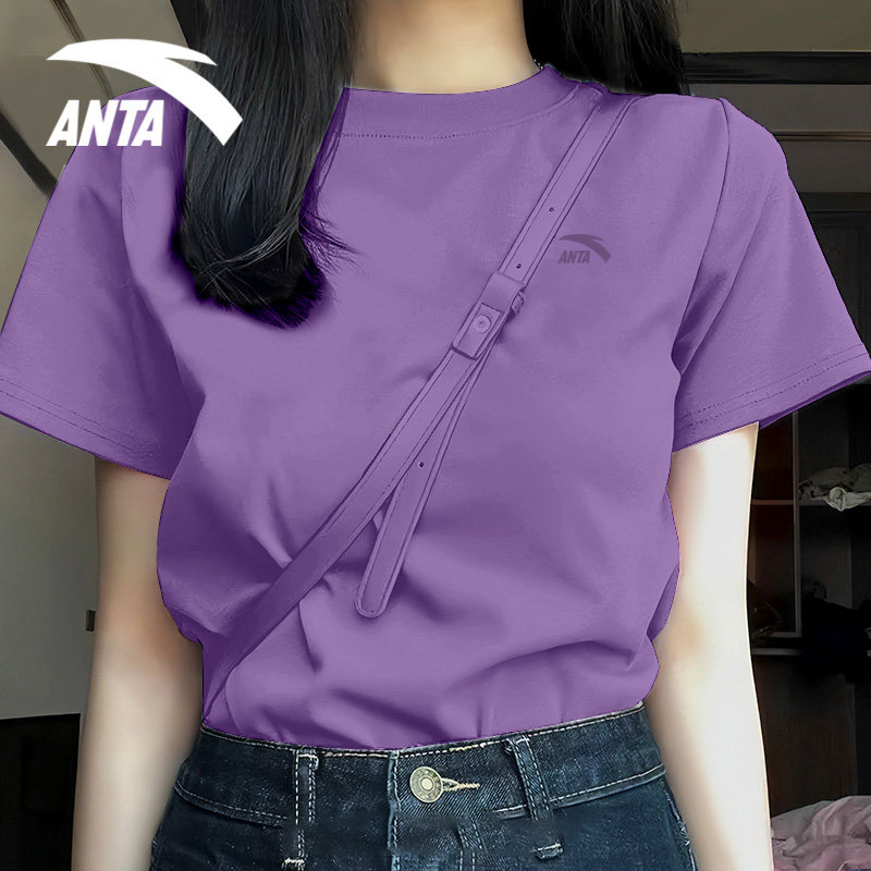安踏紫色T恤女宽松圆领透气体恤衫2025夏季纯色简约潮流半袖上衣,运动服/休闲服装,运动T恤,淘宝优惠券,粉丝福利购,淘宝优惠卷