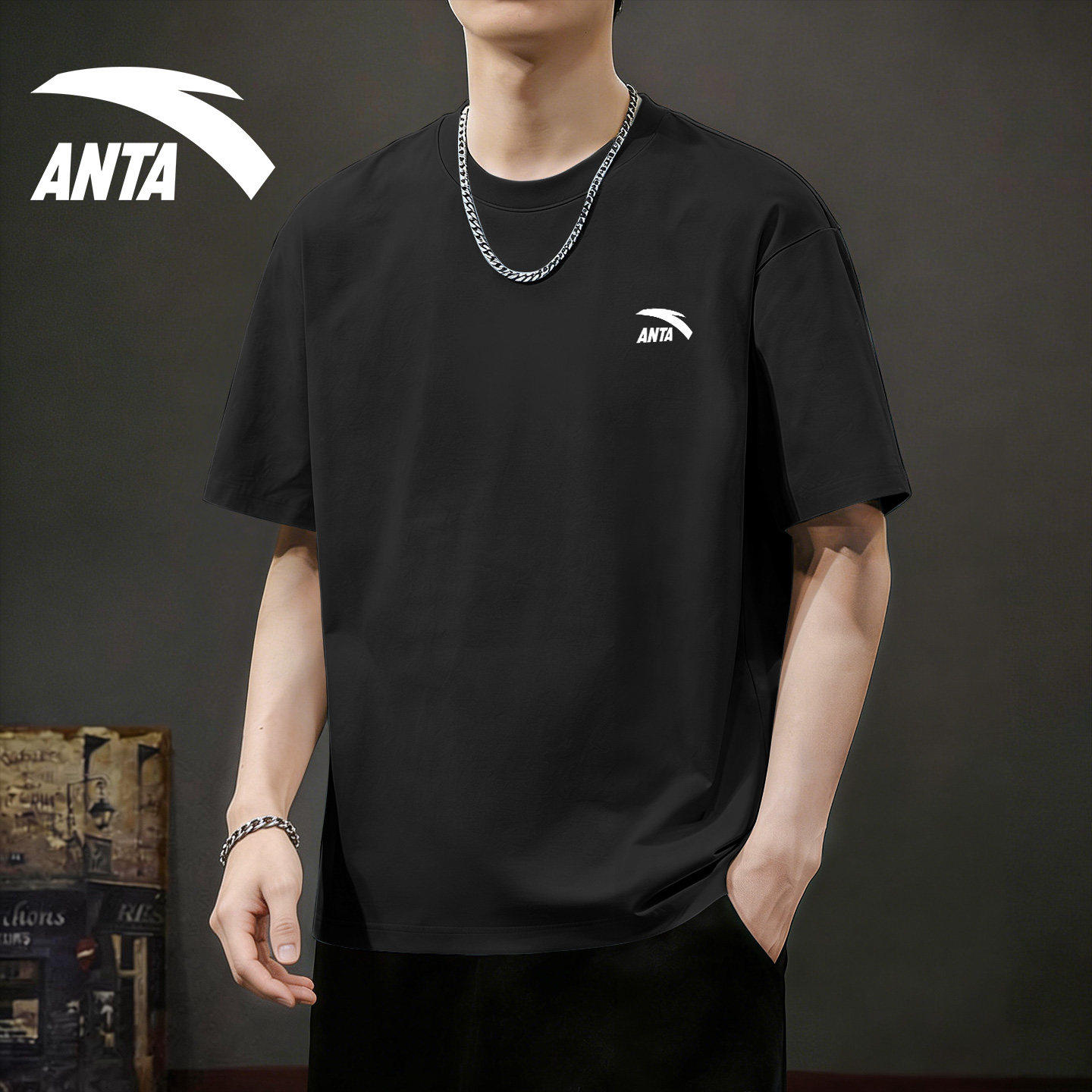 安踏正品短袖t恤男士2026新款夏季透气棉T宽松休闲黑色运动服上衣