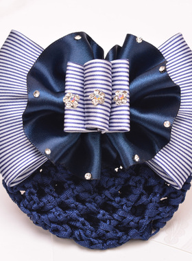 初炫职业头花女条纹蓝色银行酒店护士电信移动经典发夹发饰发网兜