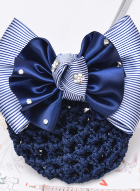 初炫条纹蓝色职业头花网兜发网银行酒店护士时尚发夹发饰发网饰品