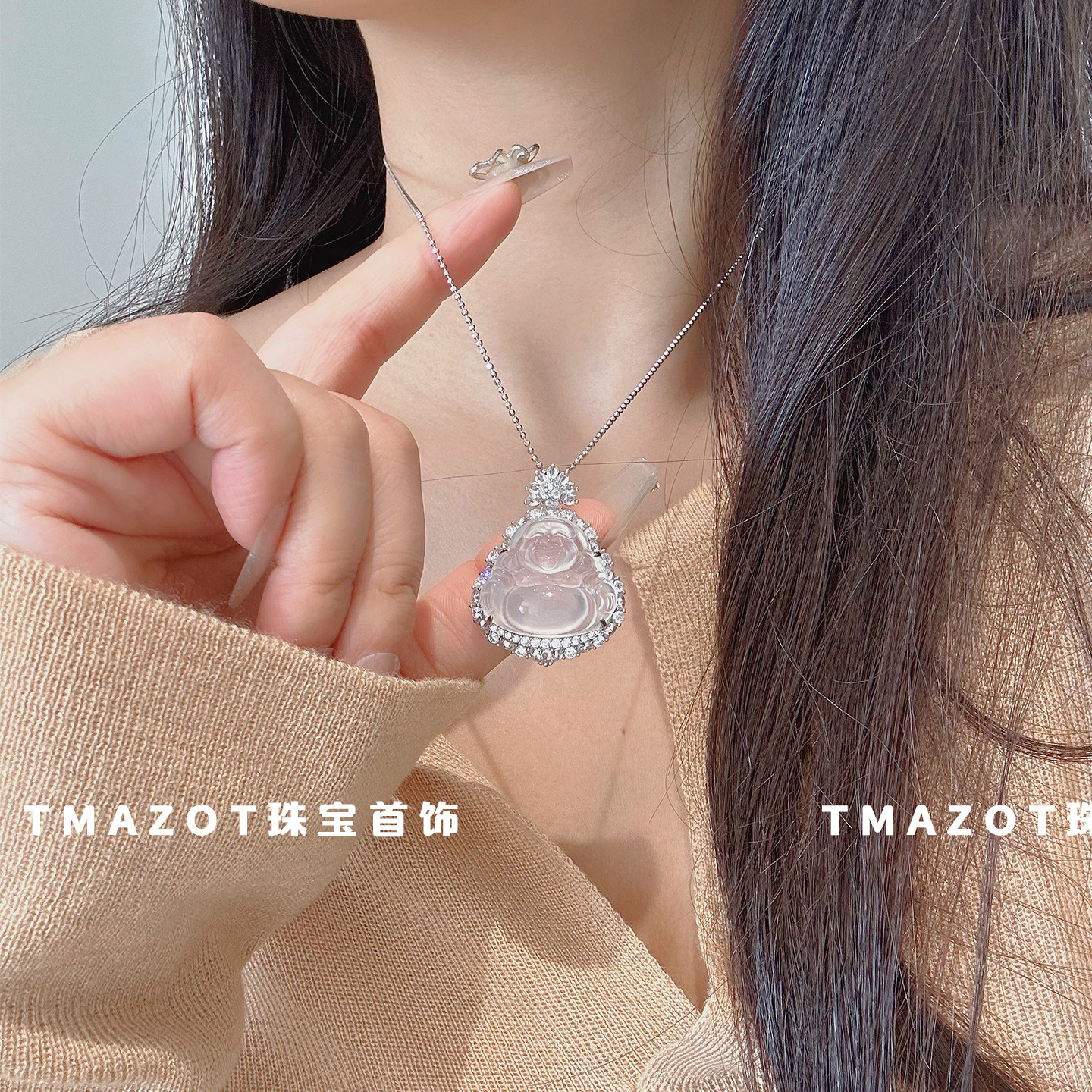 天然高冰透白玉髓佛公项链女款925银吊坠新中式国潮风锁骨送女友