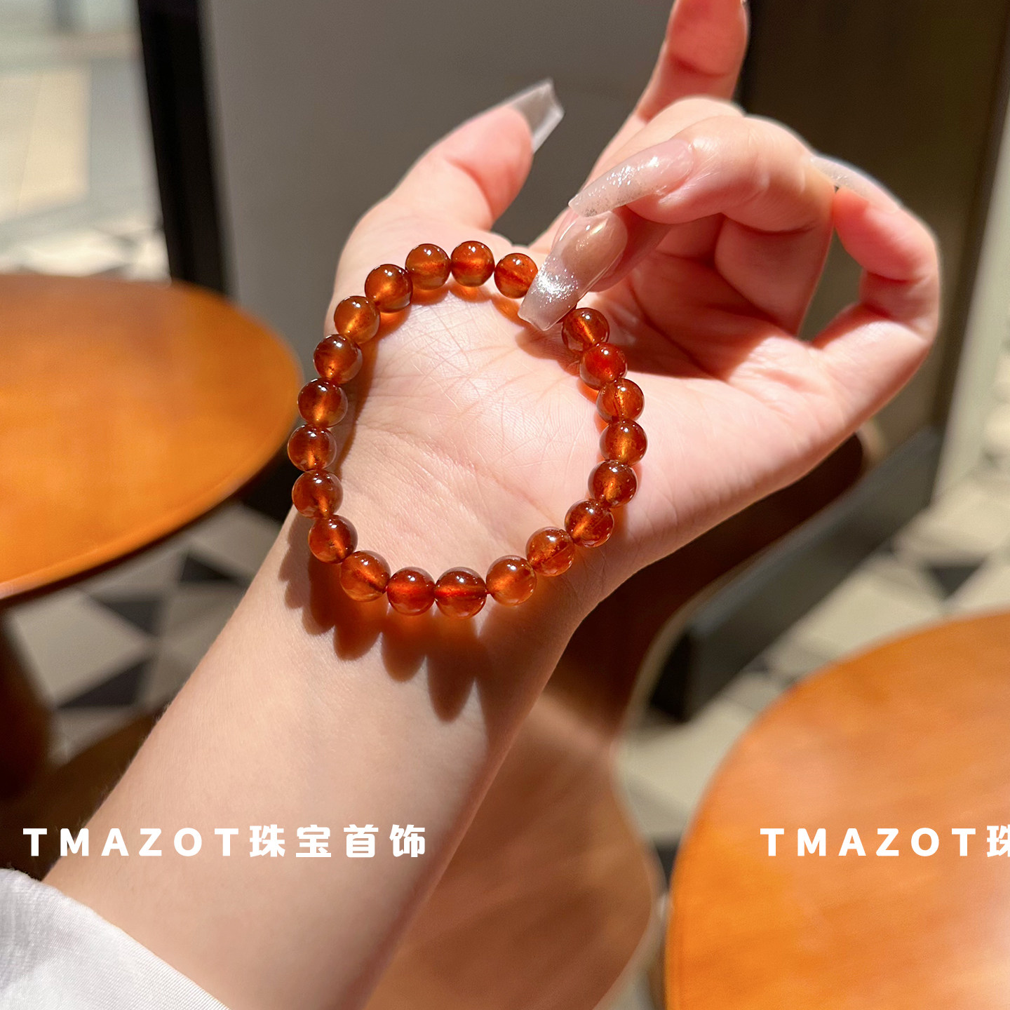 【吉祥幸福】天然巴西橙红石榴石手链女款单圈水晶手串送女友礼物