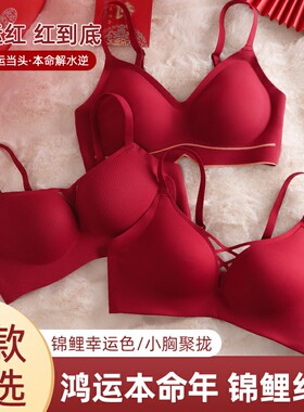 本命年内衣女红色转运龙年小胸聚拢性感无钢圈结婚新娘文胸罩套装