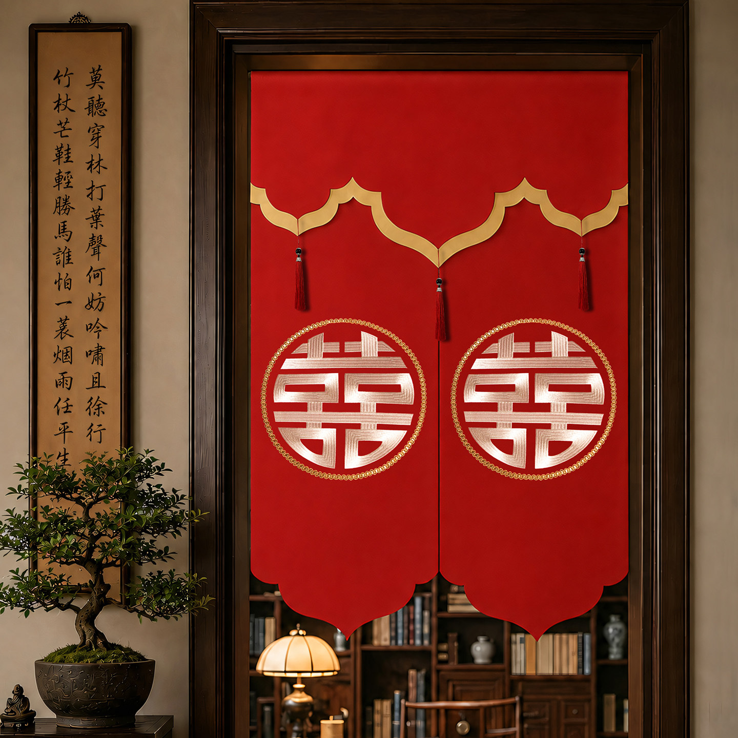 结婚门帘双面红色婚房卧室遮挡半帘免打孔喜庆装饰布帘婚庆短帘子
