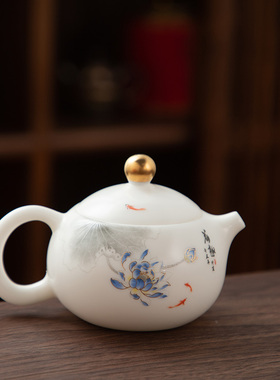 德化陶瓷【茶壶】蓝色荷趣150ml/羊脂玉瓷/堆金哑光/西施壶/高档