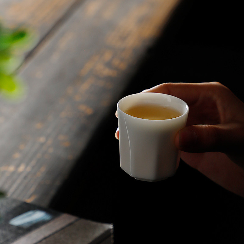 德化陶瓷【单茶杯满45ml纯白亮白】羊脂玉瓷 透明釉 八方杯 小容