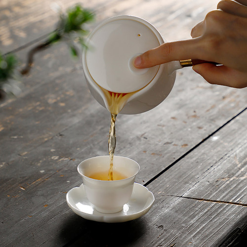 德化陶瓷侧把木柄防烫茶壶