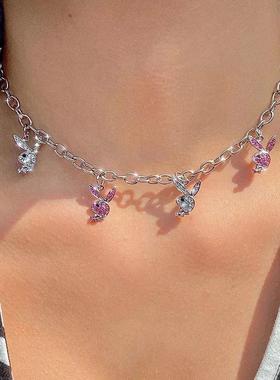 个性嘻哈满镶钻锆石兔子项链女