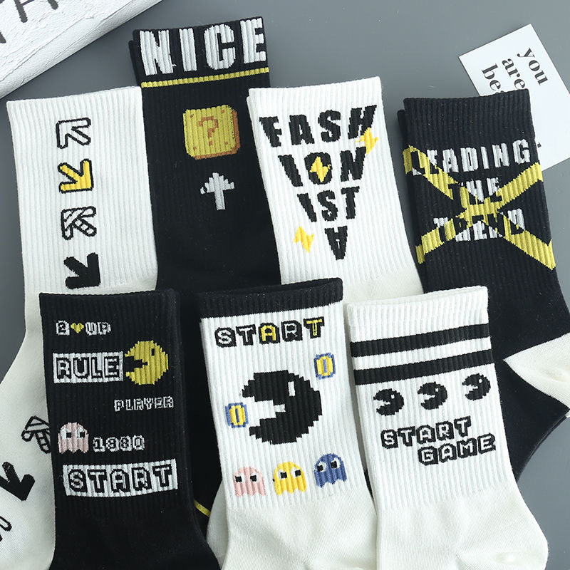 跨境新款游戏风休闲袜男女同款吃豆人游戏袜子嘻哈可爱中筒袜