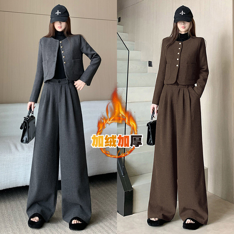 秋冬新款高级感气质御姐加厚毛呢西装外套高腰垂感阔腿裤两件套装