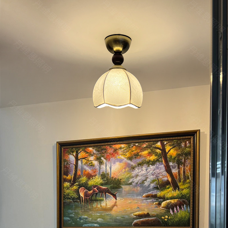 南洋风全铜布艺过道灯美式复古玄关走廊灯法式中古入户阳台吸顶灯