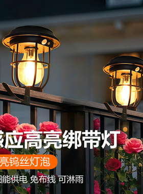 庭院户外太阳能照明灯人体感应免打孔晚上自动亮露台阳台栏杆绑带