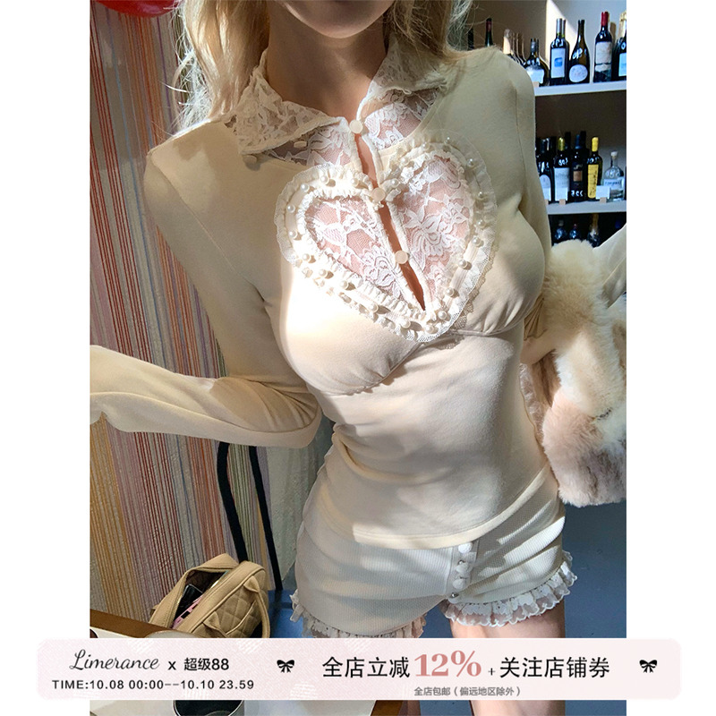 甜梨呆呆 泡芙甜妹  夏季镂空蕾丝爱心长袖打底上衣+花边短款短裤