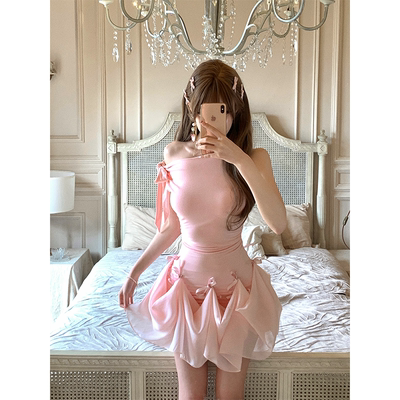 甜梨呆呆 姣姣芭比 夏季裙子女奶油粉多穿针织拼接雪纺长短连衣裙