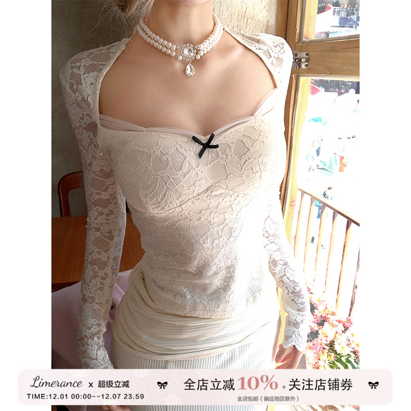 甜梨呆呆 雪域缪斯夏季米色方领蕾丝打底衫上衣+蕾丝拼接鱼尾长裙