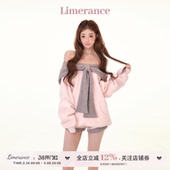 春季 套装 设计感撞色一字肩多穿连帽宽松加绒卫衣短裤 雾港甜章