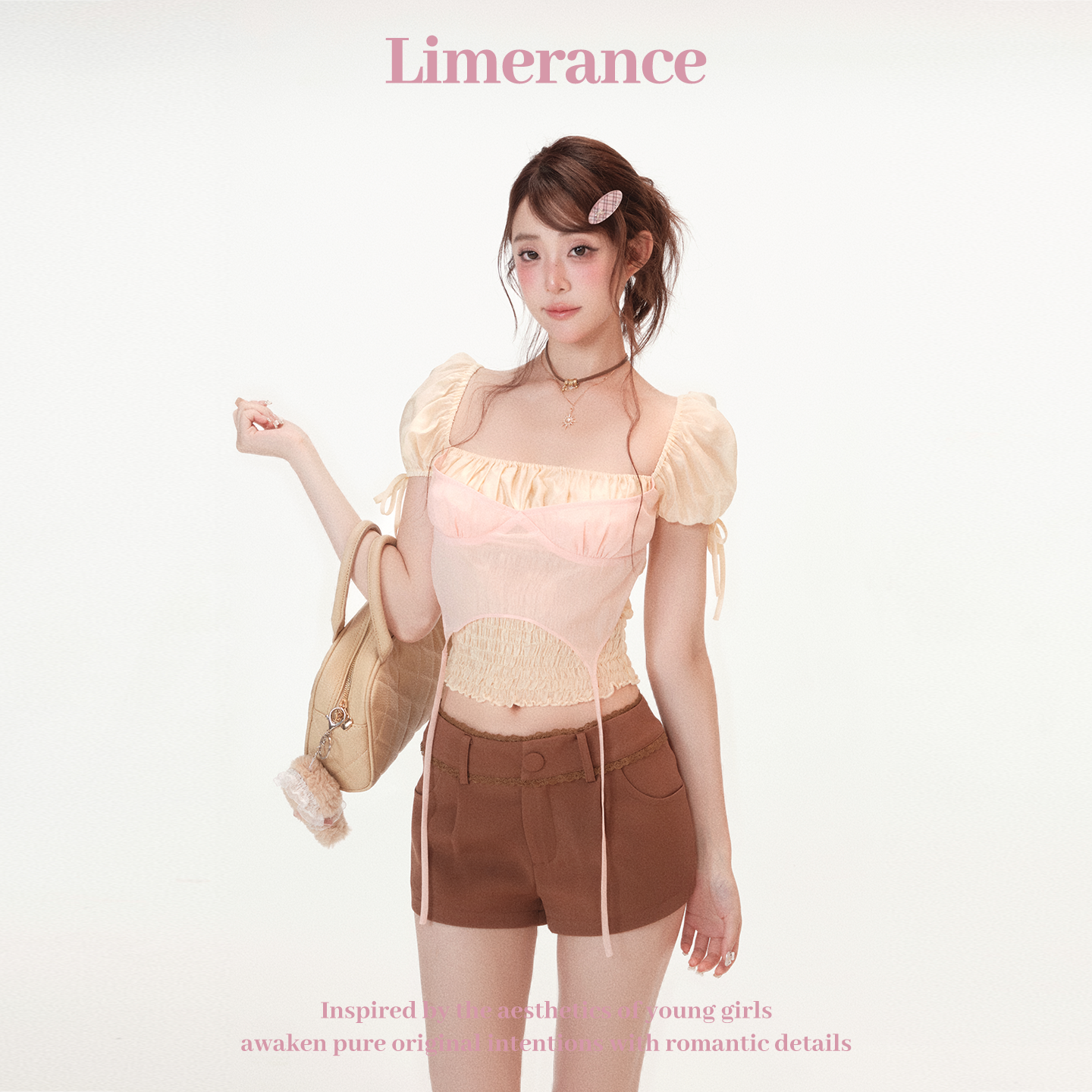 甜梨呆呆 杏仁蜜糖 樱草黄泡泡袖短款上衣夏季新款甜美风