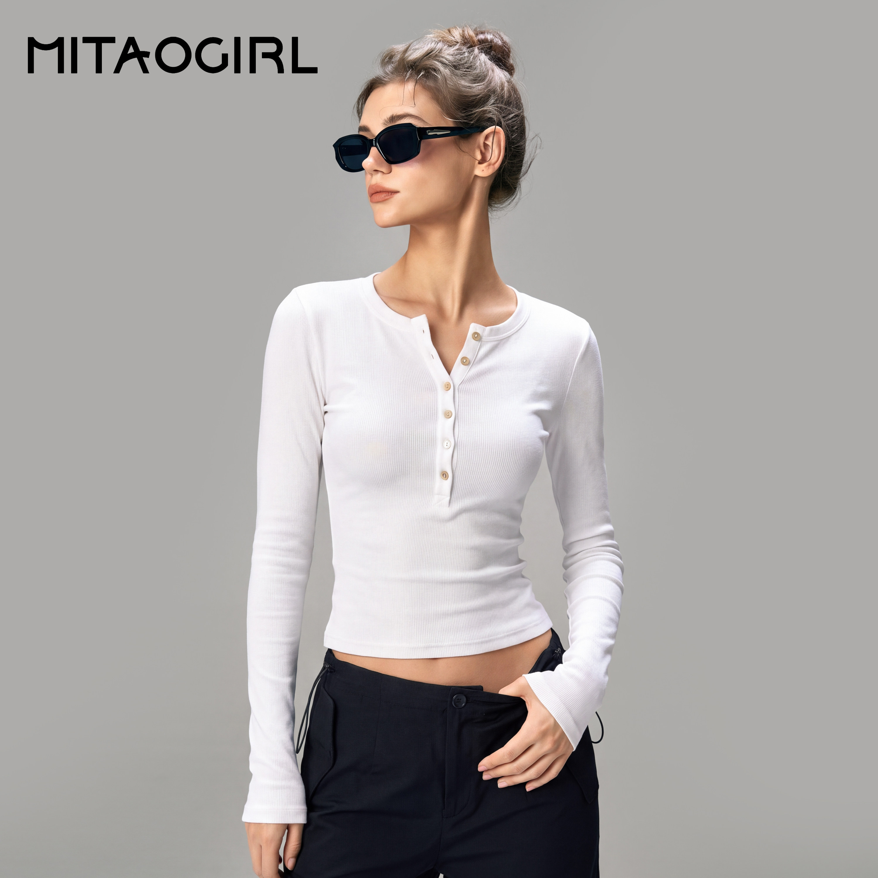 MITAOGIRL肯豆亨特领上衣女长袖健身衣修身训练瑜伽服白色运动T恤