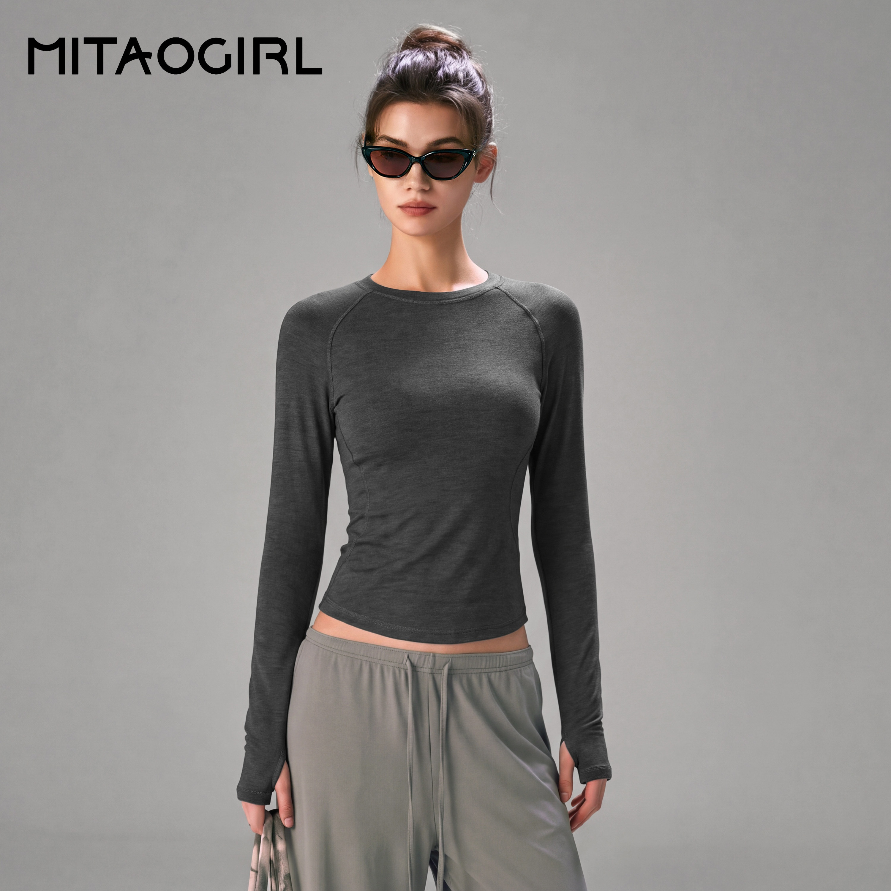 mitaogirl肯豆速干健身衣长袖T恤修身运动T恤跑步训练运动服秋女