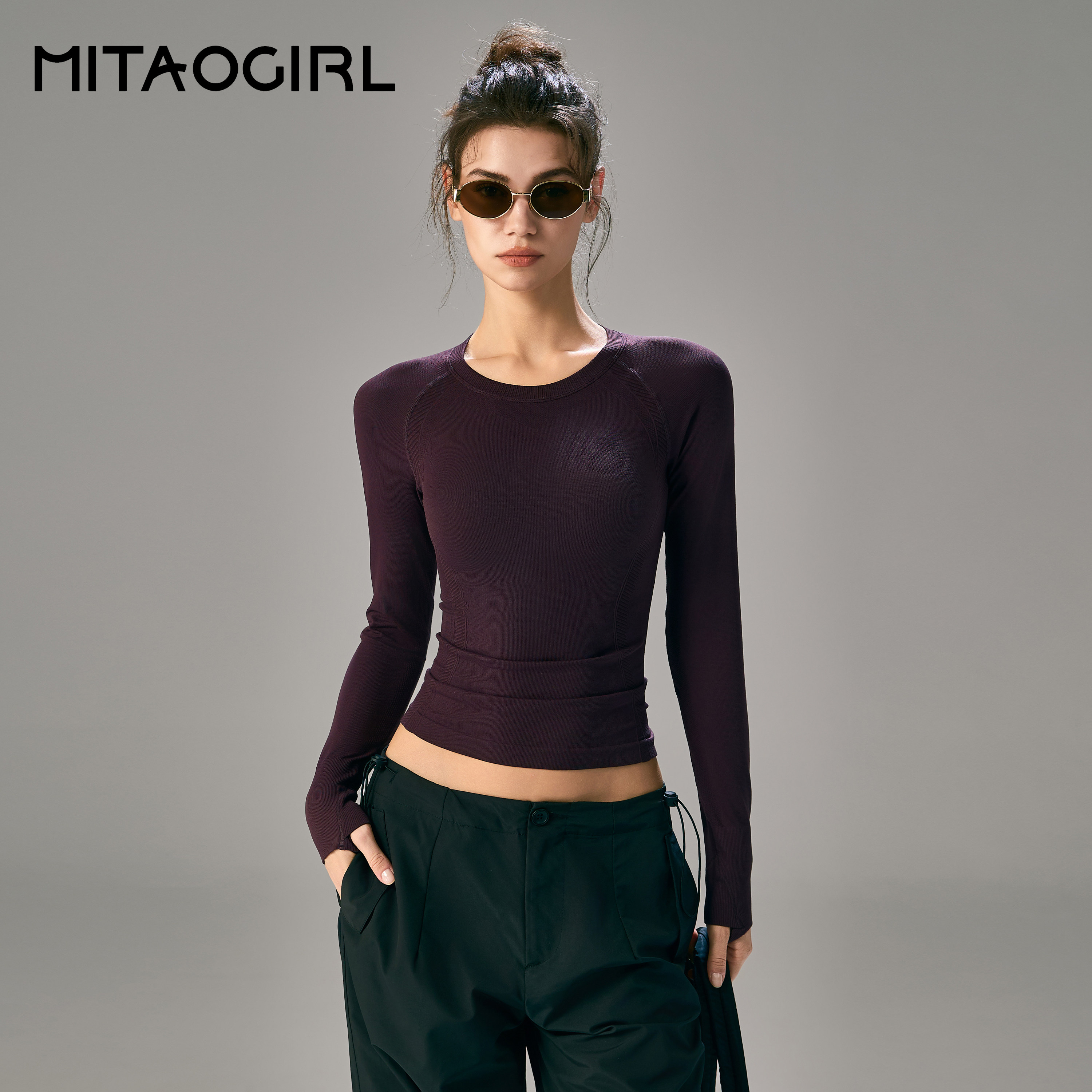 MITAOGIRL肯豆速干健身衣长袖吸汗透气瑜伽T恤跑步训练运动T恤秋