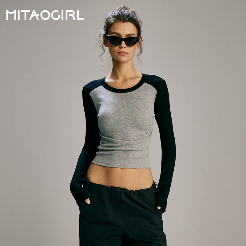 MITAOGIRL瑜伽服女秋跑步健身服速干紧身插肩撞色长袖上衣纯棉T恤