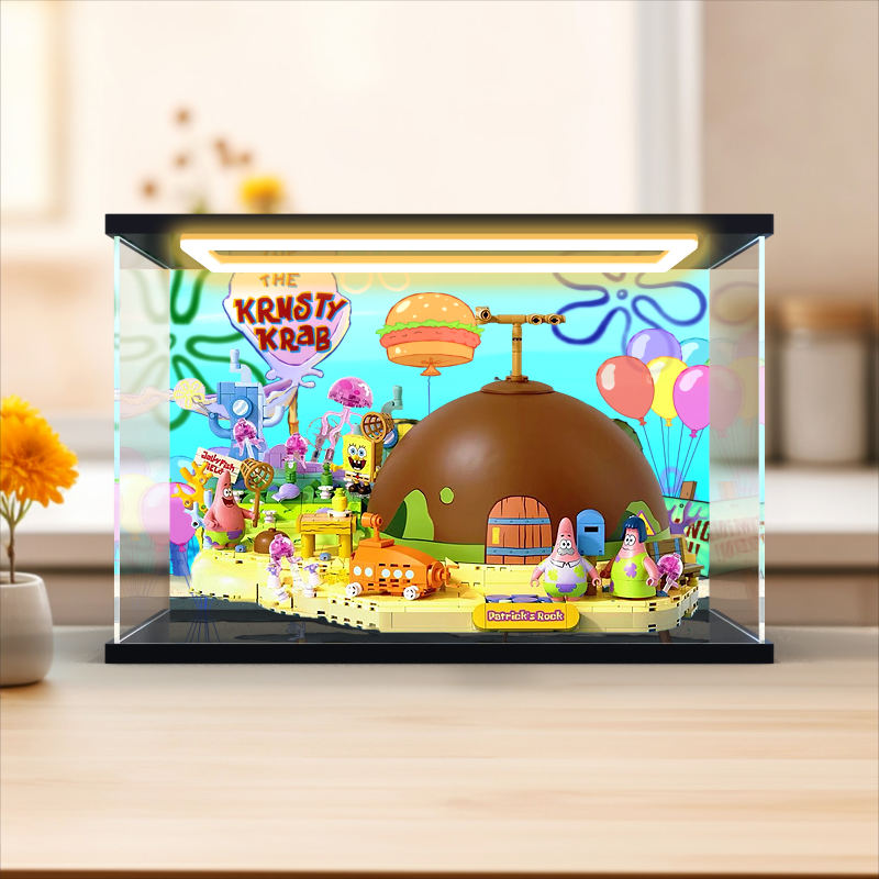 适用AREAX砖区积木海绵宝宝派大星的石头屋拼装模型亚克力展示柜