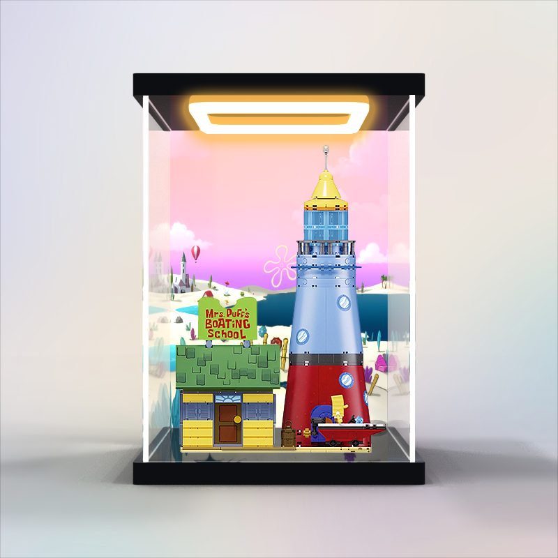 适用AREAX砖区积木海绵宝宝比奇堡驾校模型高清防尘罩回灯展示柜