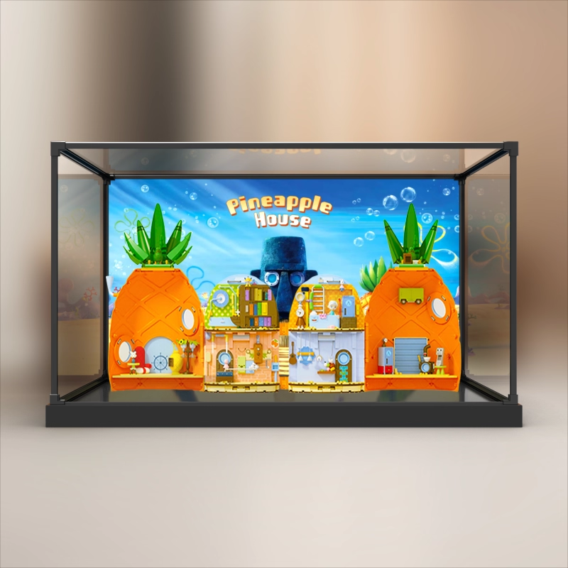 适用AREAX砖区积木海绵宝宝菠萝屋积木玩具防尘罩合金框架展示柜