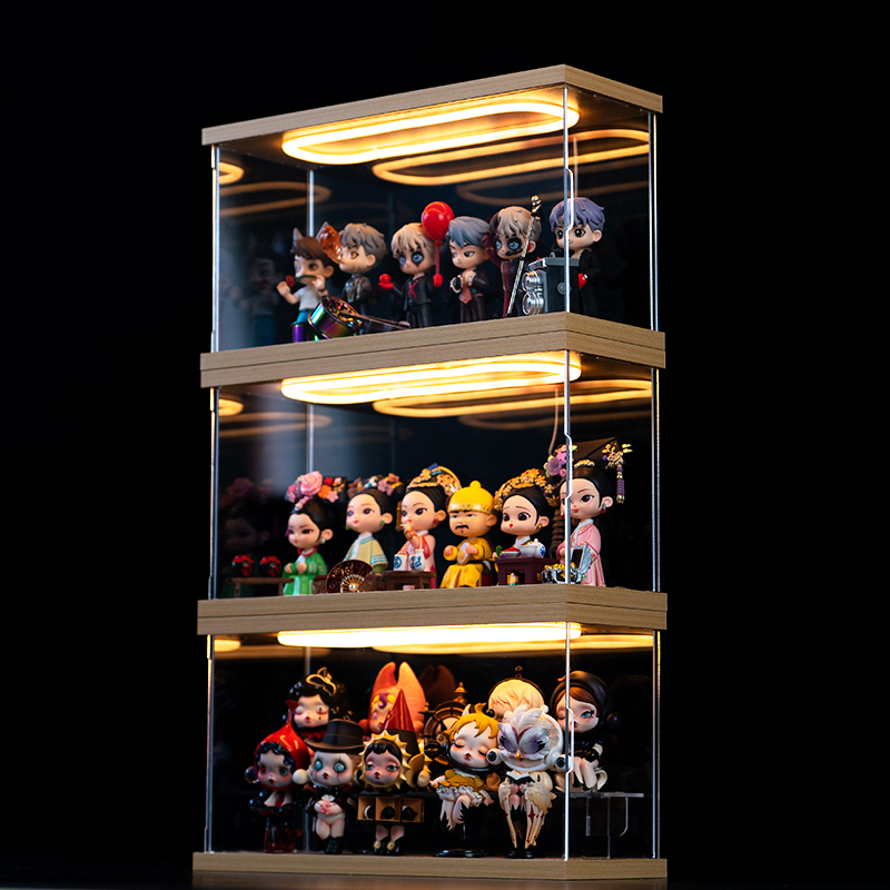 盲盒收纳展示架透明防尘手办收纳盒子石膏娃娃泡泡玛特带灯展示柜