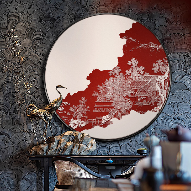 新中式玄关圆形装饰画民宿茶室浮雕立体画酒店走廊过道背景墙挂画图片