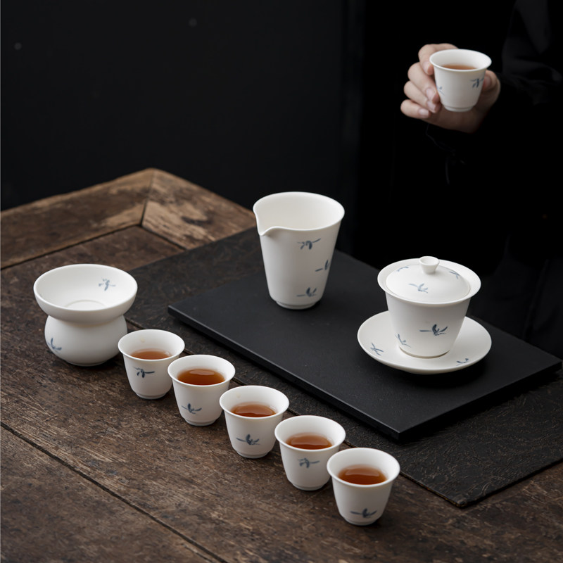 素白兰花陶瓷功夫茶具套装手绘白瓷茶杯盖碗整套6人装礼盒装送礼