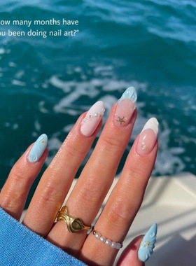 2026新款简约蓝色风海莉穿戴甲手工中长款美甲绝美高级杏仁指甲