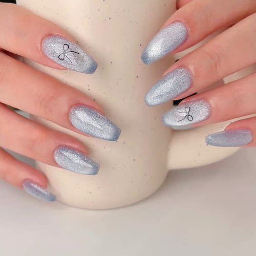 ins高级风蓝色海莉纯手工穿戴甲气质显白梯形美甲中长款甲片xz