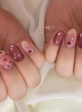 高级红色可爱韩系海莉纯手工穿戴甲气质显白杏仁美甲中长款甲片xz