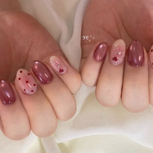 高级红色可爱韩系海莉纯手工穿戴甲气质显白杏仁美甲中长款 甲片xz