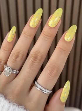 【海莉新美甲】黄色法式纯手工穿戴甲气质杏仁美甲中长款甲片iq