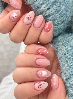 高级韩系波点可爱海莉纯手工穿戴甲气质显白杏仁美甲中长款甲片