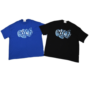 领口男夏季 爆裂印花 T恤 复古潮流短袖 宽松休闲百搭情侣上衣 美式