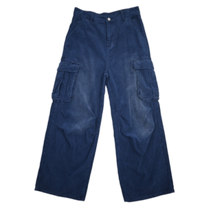 蓝色法工裤 街头个性褶皱口袋裤BF水洗高街工装裤宽松阔腿休闲裤H