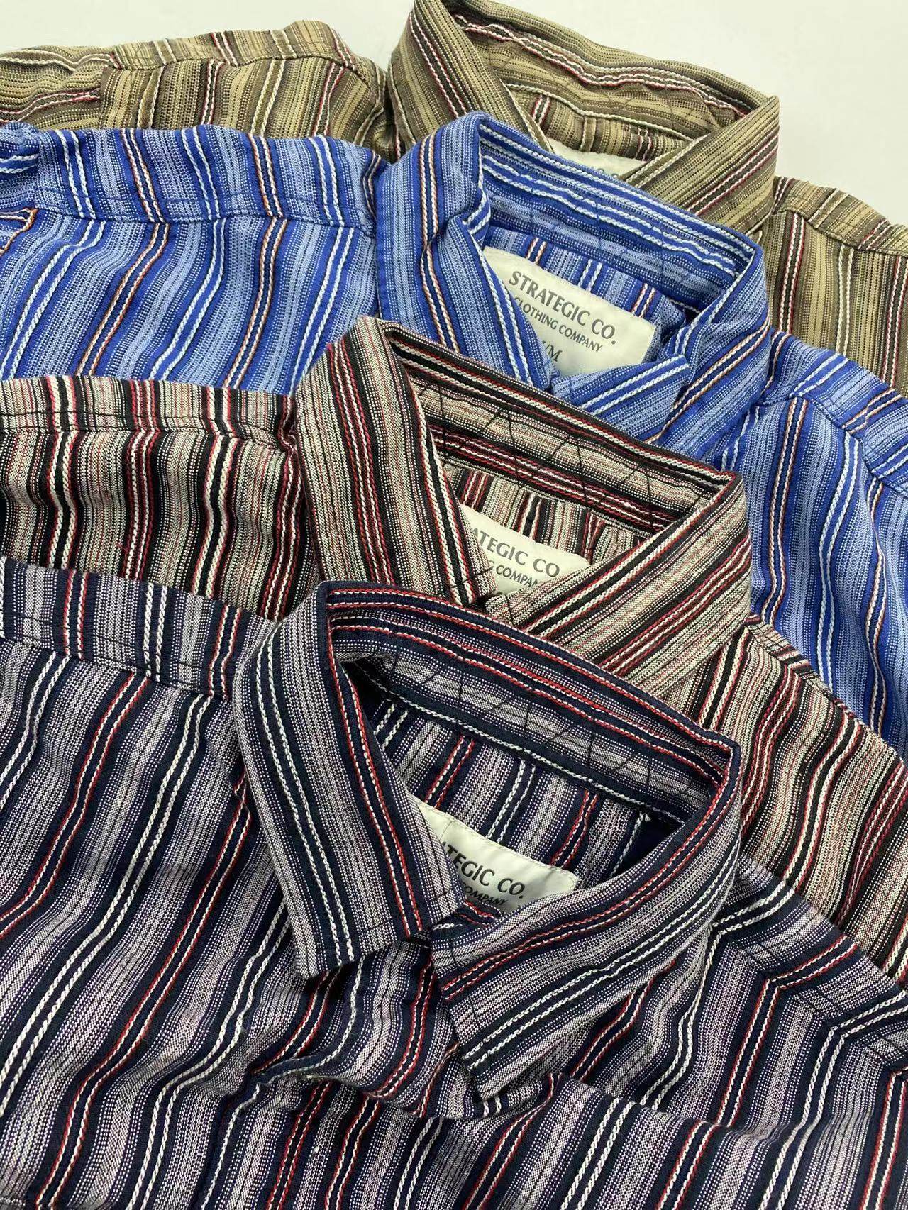 立领长袖阿美咔叽条纹衬衣