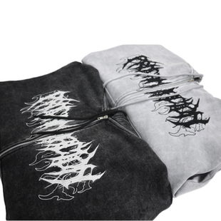 美潮嘻哈中性风翅膀刺绣拉链卫衣水洗做旧连帽衫潮牌宽松卫衣外套