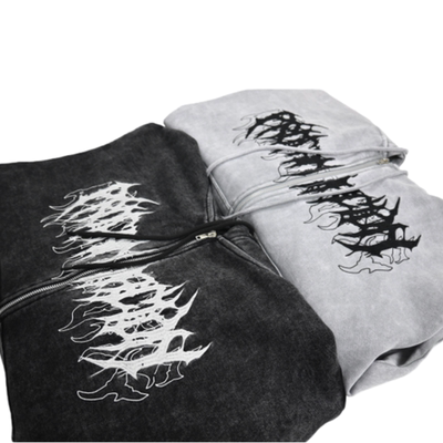 美潮嘻哈中性风翅膀刺绣拉链卫衣水洗做旧连帽衫潮牌宽松卫衣外套