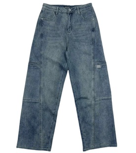 牛仔长裤 高街宽松直筒男士 潮 休闲弹力复古水洗拼接多口袋工装 美式