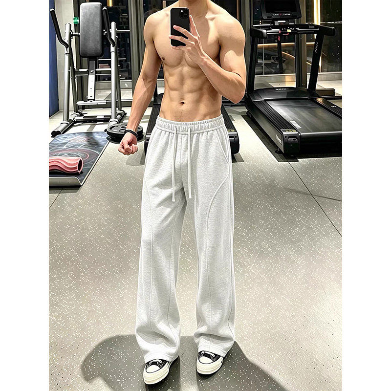 浅灰色美式运动卫裤男款秋春健身重磅直筒裤子垂感斜切休闲微喇裤