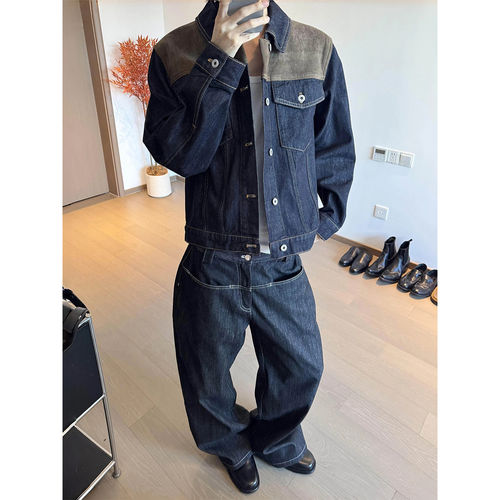 MANUSCRIPT麂皮拼接明线巴恩风原色牛仔夹克男女cleanfit正肩外套