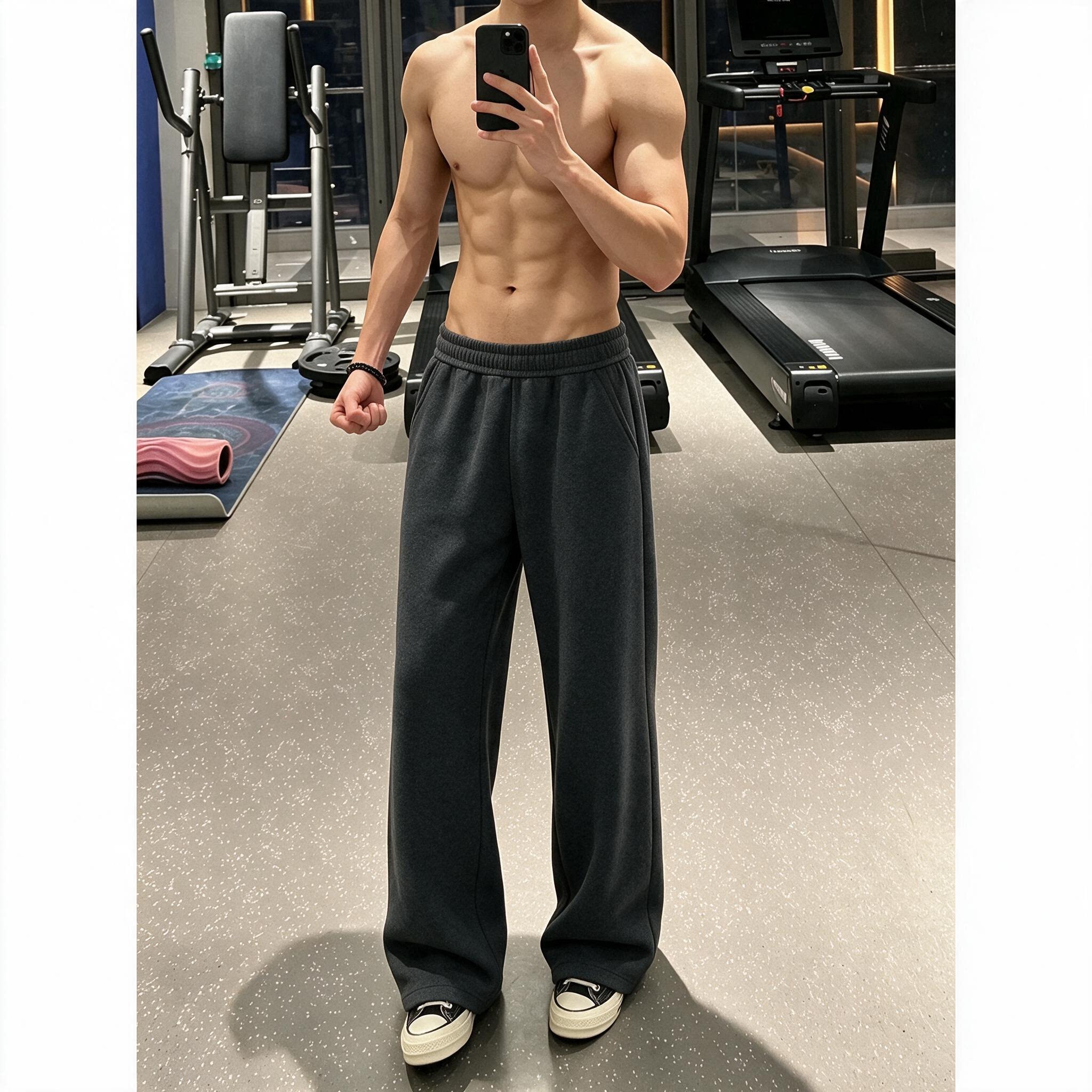 深灰色健身卫裤男款秋季美式重磅运动裤子cleanfit直筒微喇休闲裤